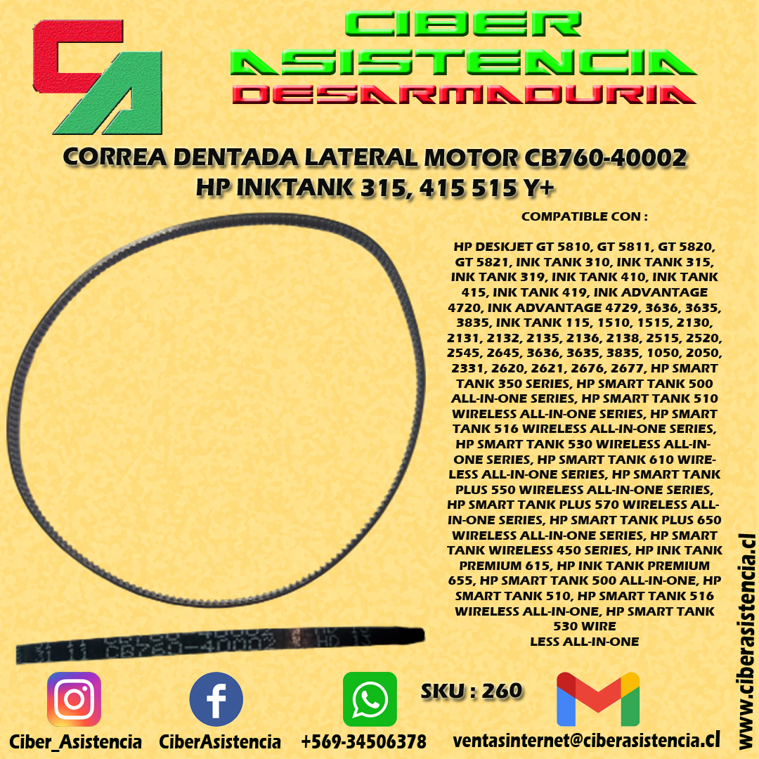 CORREA DENTADA LATERAL MOTOR CB760-40002 HP INKTANK 315, 415 515 Y+