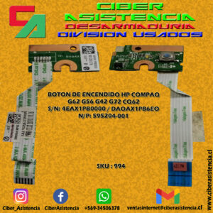 BOTON DE ENCENDIDO HP COMPAQ G62 G56 G42 G72 CQ62 S/N: 4EAX1PB0000 / DAOAX1PB6EO N/P: 595204-001