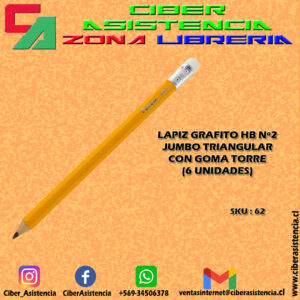 LAPIZ GRAFITO HB Nº2 JUMBO TRIANGULAR CON GOMA TORRE (6 UNIDADES)