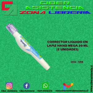 CORRECTOR LIQUIDO EN LAPIZ HAND MEGA 20 ML (2 UNIDADES)