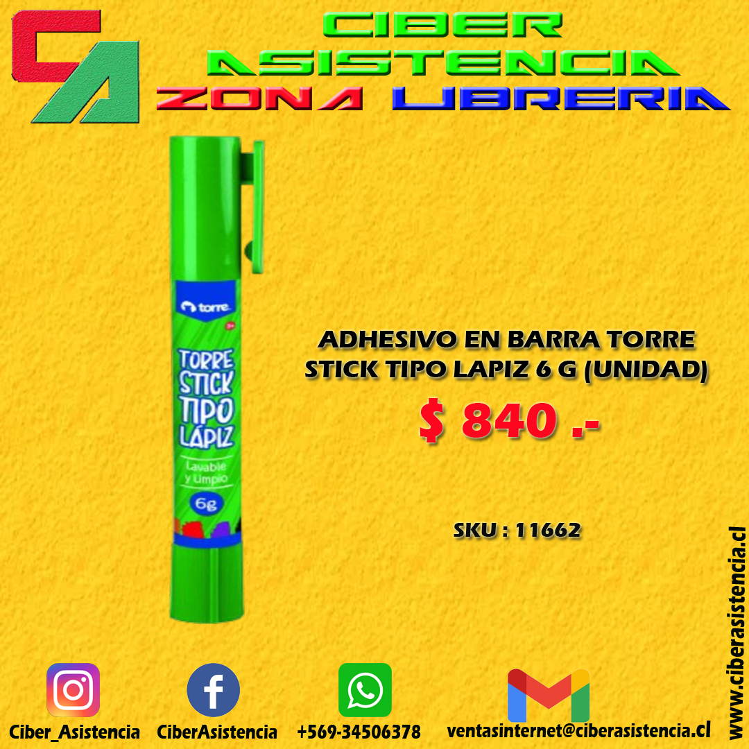 ADHESIVO EN BARRA TORRE STICK TIPO LAPIZ 6 G (UNIDAD)