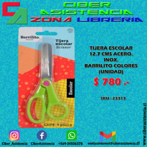 TIJERA ESCOLAR 12.7 CMS ACERO. INOX. BARRILITO COLORES (UNIDAD)