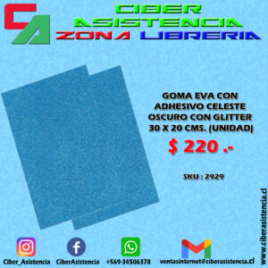 GOMA EVA CON ADHESIVO CELESTE OSCURO CON GLITTER 30 X 20 CMS. (UNIDAD)