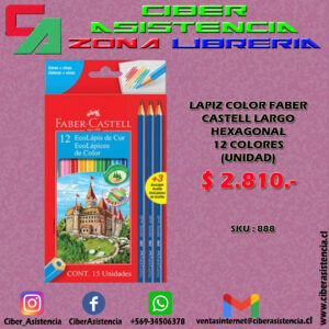 LAPIZ COLOR FABER CASTELL LARGO HEXAGONAL 12 COLORES (UNIDAD)