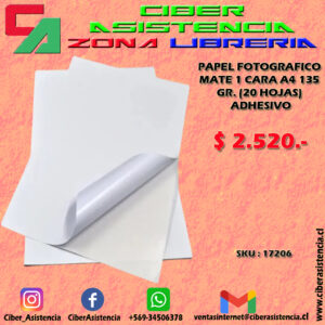 PAPEL FOTOGRAFICO MATE 1 CARA A4 135 GR. (20 HOJAS) ADHESIVO
