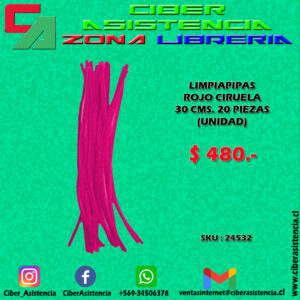 LIMPIAPIPAS ROJO CIRUELA 30 CMS. 20 PIEZAS (UNIDAD)