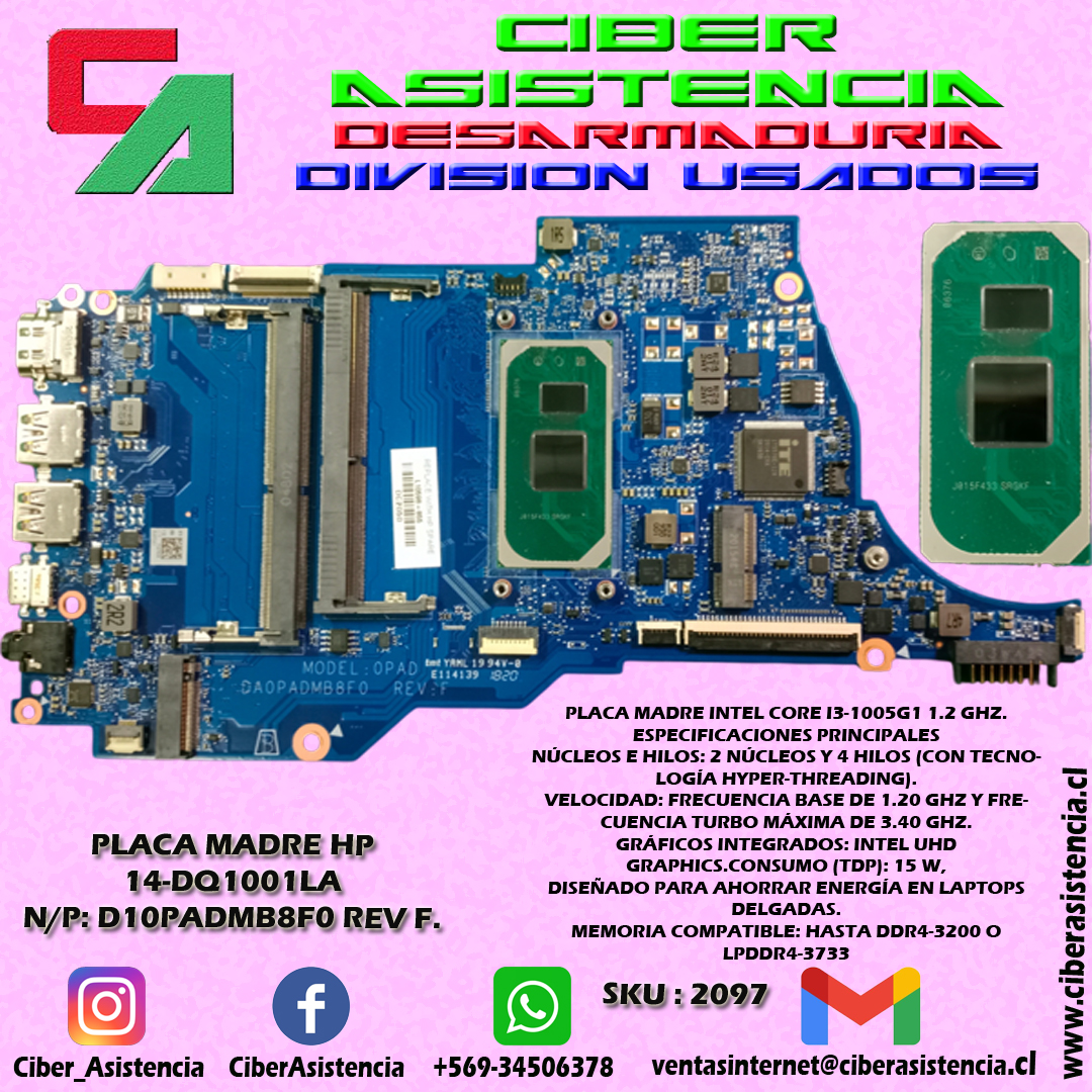 PLACA MADRE HP 14-DQ1001LA N/P: D10PADMB8F0 REV F.