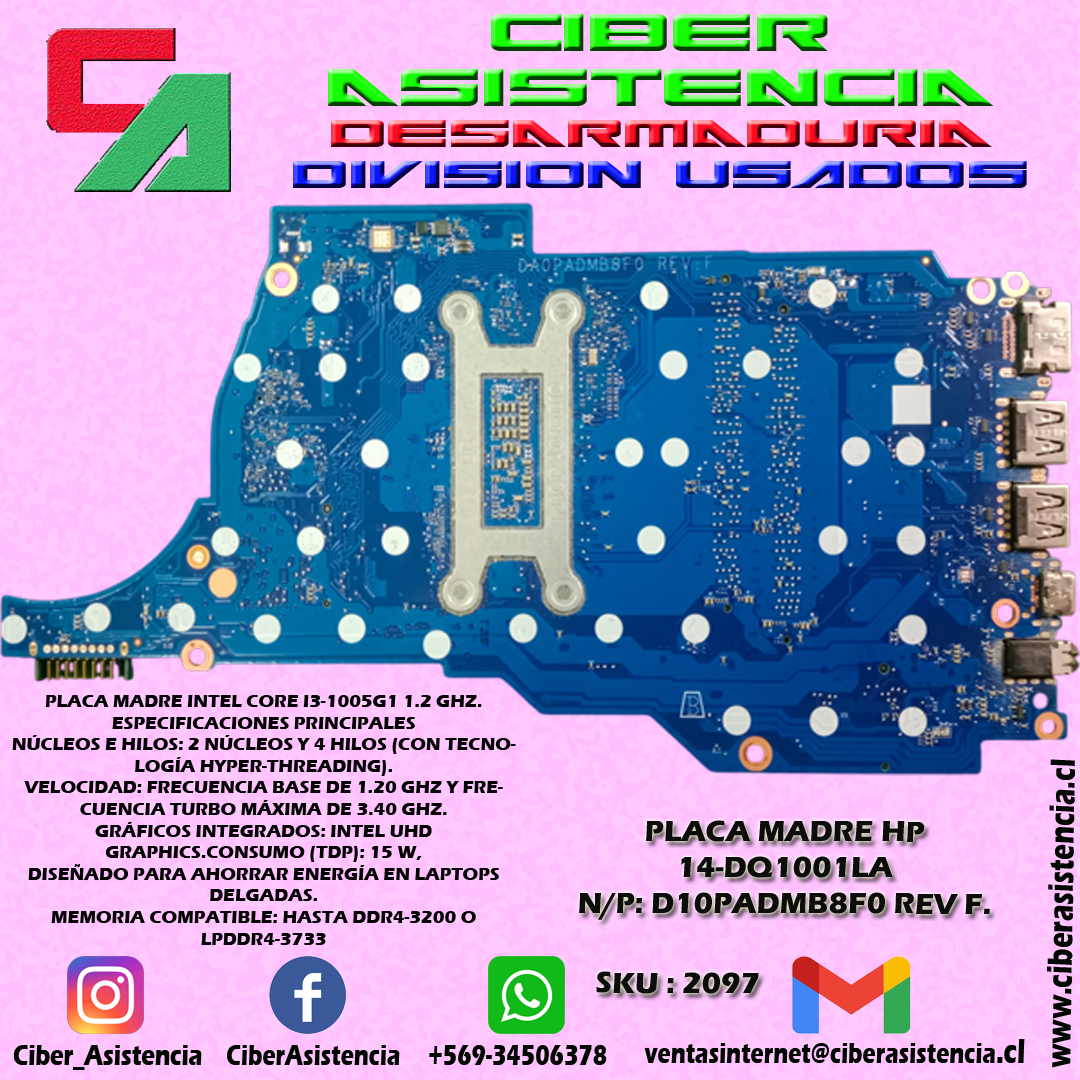 PLACA MADRE HP 14-DQ1001LA N/P: D10PADMB8F0 REV F. - Imagen 2
