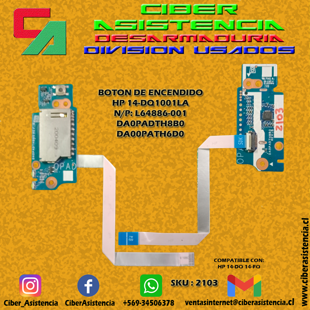 BOTON DE ENCENDIDO HP 14-DQ1001LA N/P: L64886-001 DA0PADTH8B0 DA00PATH6D0