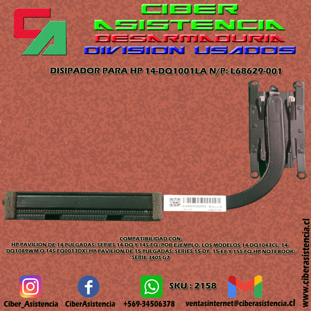 DISIPADOR PARA HP 14-DQ1001LA N/P: L68629-001