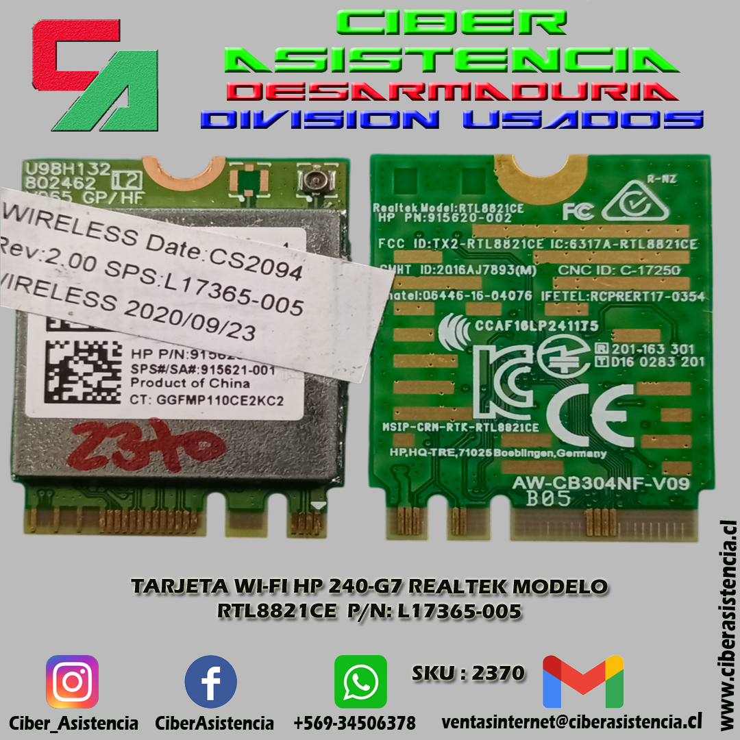 TARJETA WI-FI HP 240-G7 REALTEK MODELO RTL8821CE P/N: L17365-005