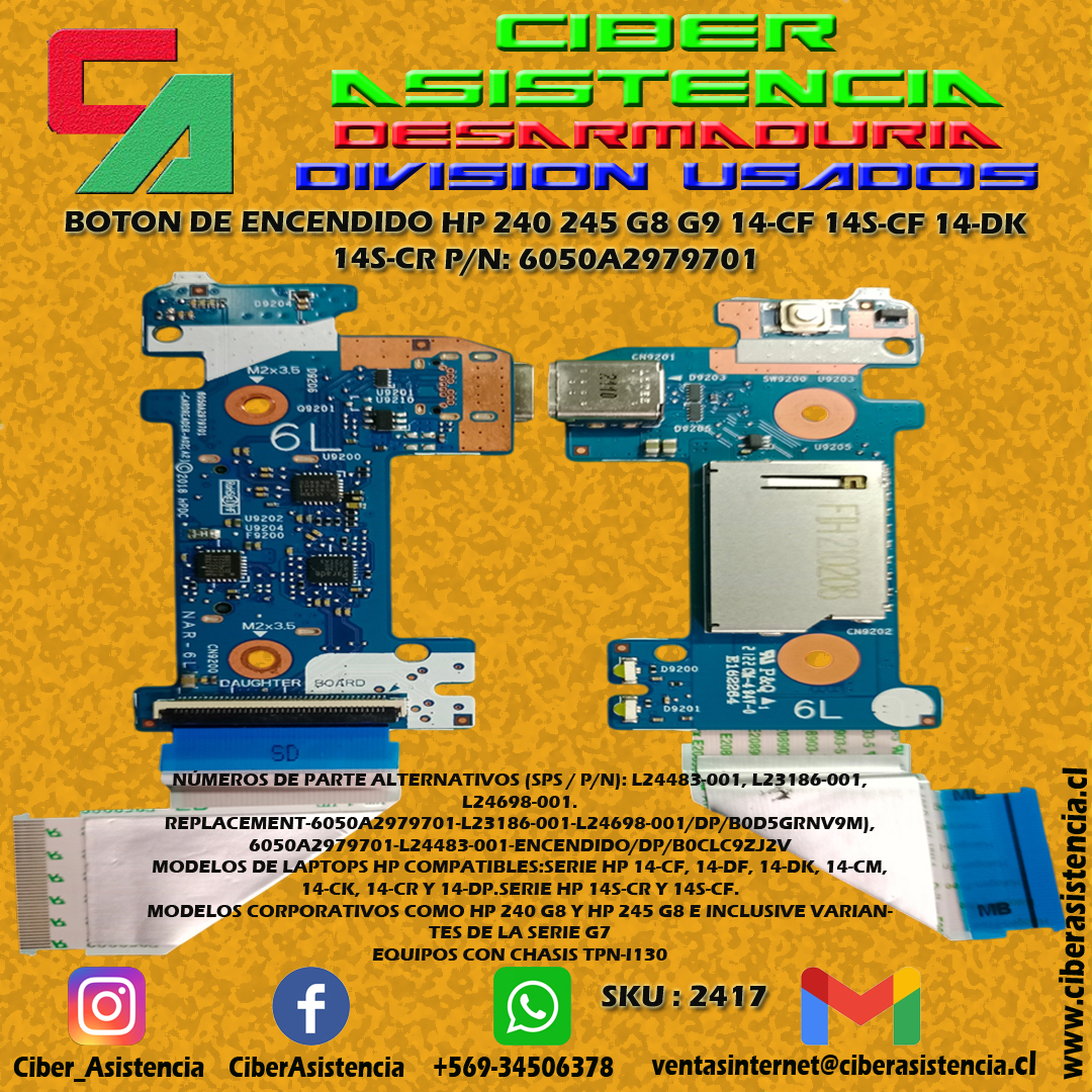 BOTON DE ENCENDIDO HP 240 245 G8 G9 14-CF 14S-CF 14-DK 14S-CR P/N: 6050A2979701