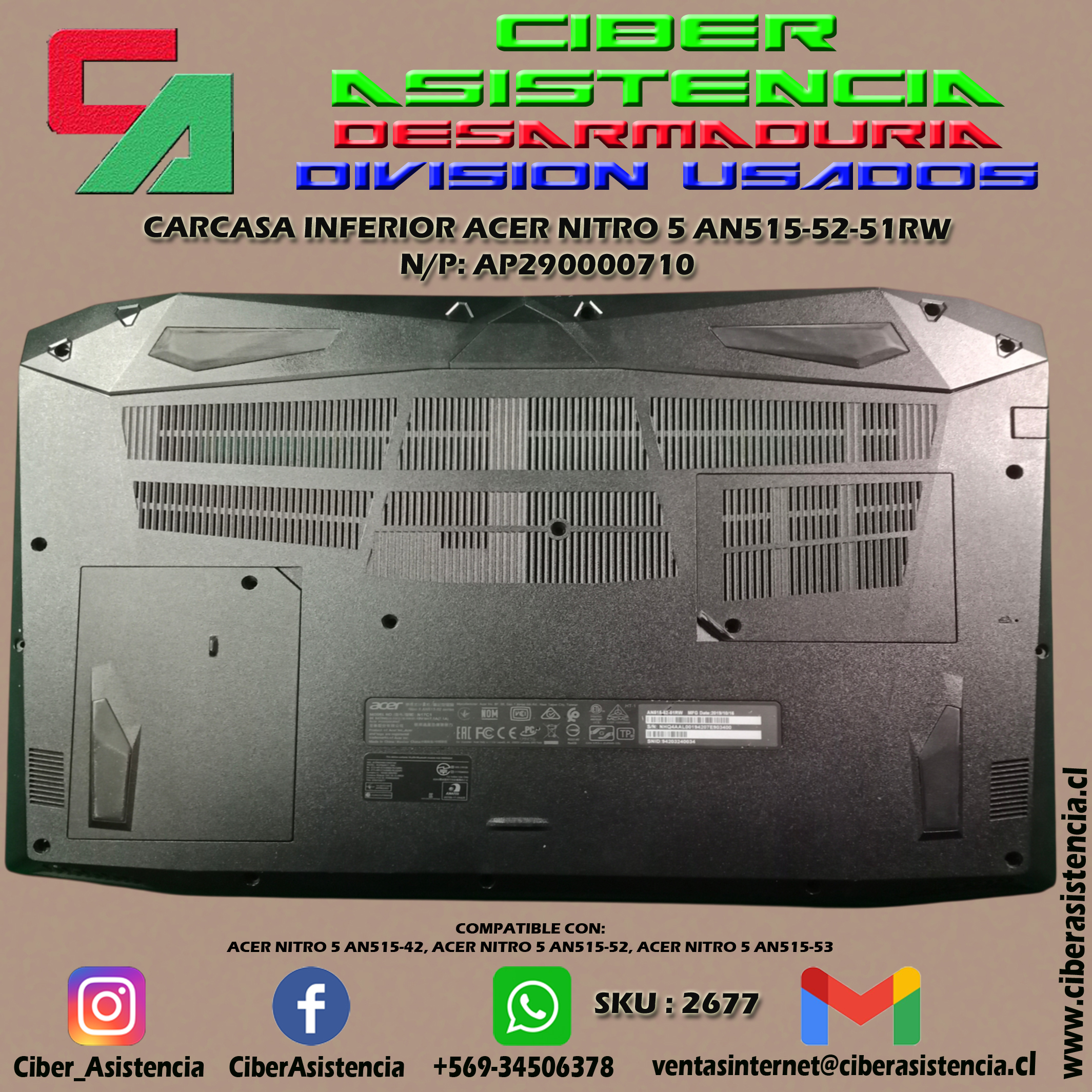 CARCASA INFERIOR ACER NITRO 5 AN515-52-51RW N/P: AP290000710