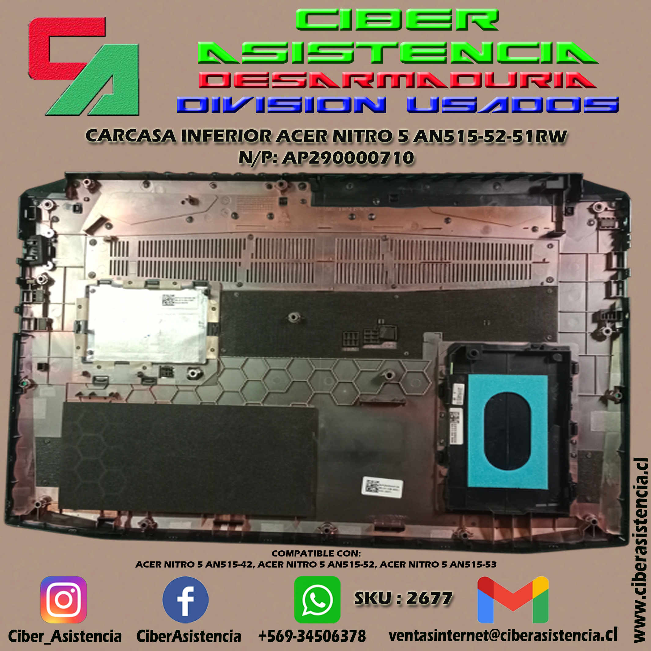 CARCASA INFERIOR ACER NITRO 5 AN515-52-51RW N/P: AP290000710 - Imagen 2