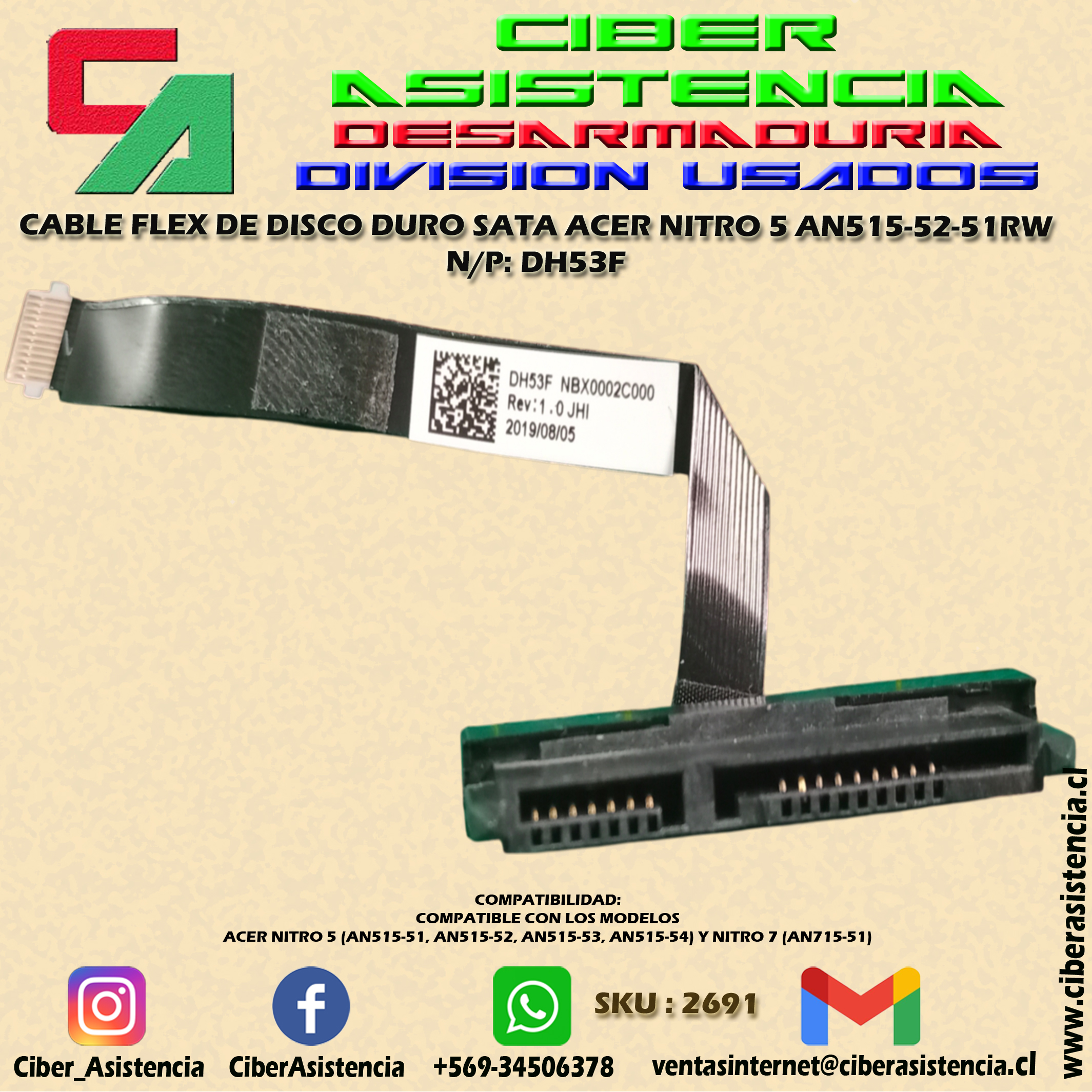 CABLE FLEX DE DISCO DURO SATA ACER NITRO 5 AN515-52-51RW N/P: DH53F