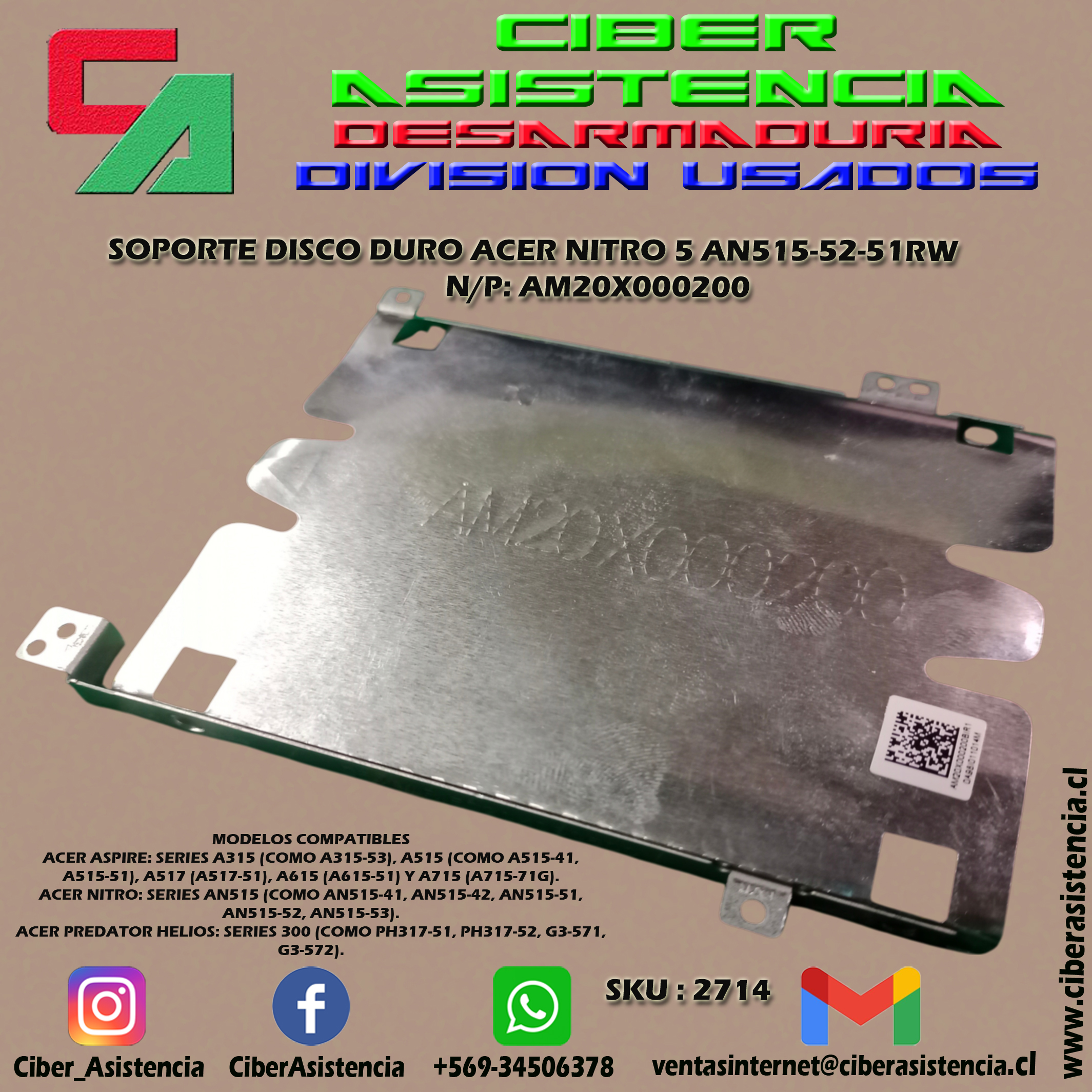 SOPORTE DISCO DURO ACER NITRO 5 AN515-52-51RW N/P: AM20X000200