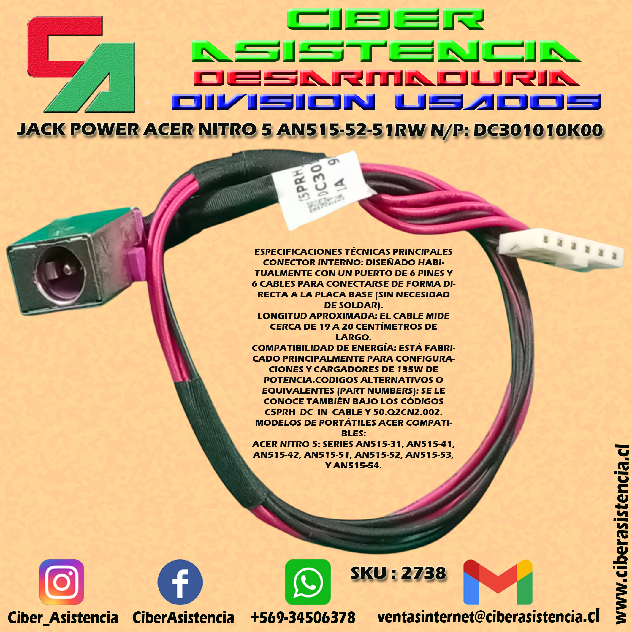 JACK POWER ACER NITRO 5 AN515-52-51RW N/P: DC301010K00