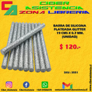BARRA DE SILICONA PLATEADA GLITTER 19 CMS X 0.7 MM. (UNIDAD)
