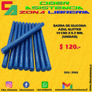 BARRA DE SILICONA AZUL GLITTER 19 CMS X 0.7 MM. (UNIDAD)