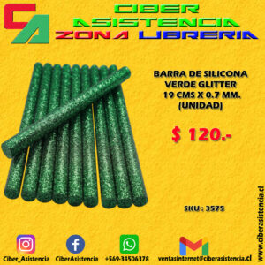 BARRA DE SILICONA VERDE GLITTER  19 CMS X 0.7 MM. (UNIDAD)