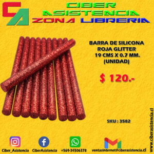 BARRA DE SILICONA ROJA GLITTER 19 CMS X 0.7 MM. (UNIDAD)