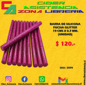 BARRA DE SILICONA FUCSIA GLITTER 19 CMS X 0.7 MM. (UNIDAD)